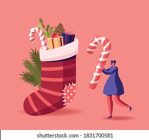 Tiny Female Character Prepare for Christmas and New Year Holiday Celebration. Woman Carry Huge Candy Cane near Festive Sock with Heap of Presents, Sweets and Festive Decor. Cartoon Vector Illustration