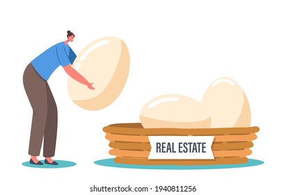 Tiny Female Character Put Chicken Egg in Basket with Real Estate Inscription. Business Diversification and Risk Management Strategy for Investment or Saving Concept. Cartoon People Vector Illustration