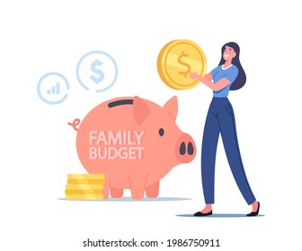 Tiny Female Character Put Coin into Huge Piggy Bank. Woman Collect Money for Family Budget, Cash, Financial Profit. Universal Basic Income, Earn Salary and Wealth Concept. Cartoon Vector Illustration