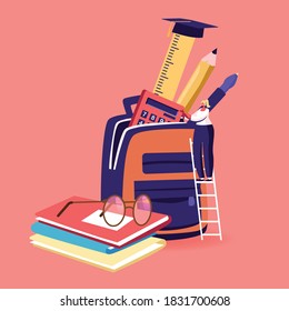 Tiny Female Character Put Educational Tools in Huge Backpack with Textbooks and Equipment. Studying, Learning, Back to School, Education in College or University Concept. Cartoon Vector Illustration