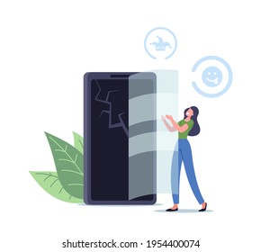 Tiny Female Character put Glass on Cracked Smartphone Screen doing Prank Trick at First April Fools Day. Joking Friends or Colleagues Concept, Humorous Situation. Cartoon People Vector Illustration