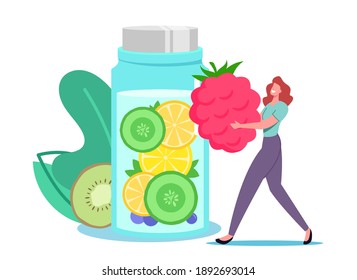 Tiny Female Character Put Huge Raspberry in Glass Bottle with Infused Water, Lemonade or Juice with Fruit Slices. Woman Drinking Cold Drinks and Healthy Beverage for Detox. Cartoon Vector Illustration