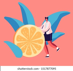 Tiny Female Character Rolling Huge Lemon Slice as Ingredient for Tasty Tea. Woman Holding Citrus Fruit, Vitamin Food for Cold Winter Season Spare Time or Tea Party. Cartoon Flat Vector Illustration