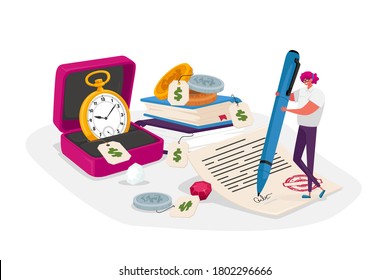 Tiny Female Character Signing Paper for Buy or Sell Precious Metals, Things, Jewelry, Gold Watch, Luxury Antique Books and Coins. Buyer or Seller in Pawn Shop Concept. Cartoon Vector Illustration