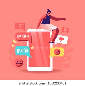 Tiny Female Character Sit on Huge Smartphone Bullying, Trolling Online in Chat or Messenger Leaving Bad Reviews, Comments and Dislike in Social Media Networks in Internet. Cartoon Vector Illustration