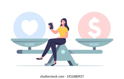 Tiny Female Character Sit on Huge Scales Choose between Finance or Love. Balance at Work, Values Equality Woman Make Difficult Choice, Life Dilemma, Decision Concept. Cartoon Vector Illustration