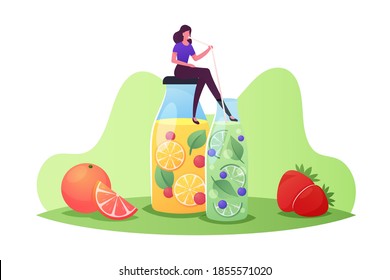 Tiny Female Character Sitting at at Huge Glass Bottle with Lemonade or Juice with Lemon Slices and Mint Leaves. Woman Drinking Cold Drinks and Sweet Beverage for Detox. Cartoon Vector Illustration