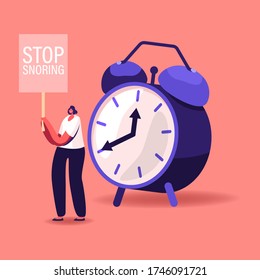 Tiny Female Character Stand at Huge Alarm Clock with Banner Stop Snoring in Hands. Breathing Disease, Noise Pollution Asleep Angry Woman Protesting against Sleeping Snore. Cartoon Vector Illustration