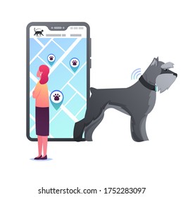Tiny Female Character Stand at Huge Smartphone with GPS Navigation App for Pets. Woman Look on Mobile Phone Screen with City Map and Location Pins, Dog in Signaling Collar. Cartoon Vector Illustration