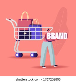 Tiny Female Character Stand at Huge Shopping Trolley with Pile of Paper Bags. Shopping Tour, Brand Awareness, Sales Offer in Mall, Ad Promotion Concept, Shopaholic Girl. Cartoon Vector Illustration