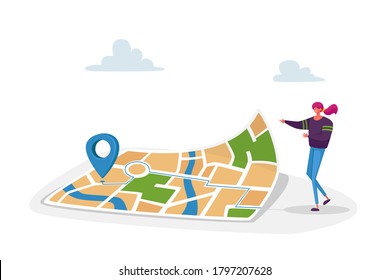 Tiny Female Character Stand at Huge Paper Map with Gps Pin Finding Correct Way in Big City. Satellite Geolocation Positioning, Sport Navigation, Orienteering Traveling. Cartoon Vector Illustration