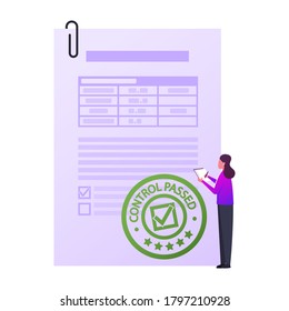 Pequeño pie de personaje femenino en enorme documento de papel con sello de sellado redondo y notas de escritura en cuaderno. Certificado de aprobación de calidad de productos o mercancías. Ilustración del vector de dibujos animados