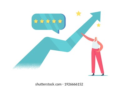 Tiny Female Character Stand At Huge Growing Arrow With Five Stars Quality Level Customer Feedback Bubble. Consumerism Improvement And Service Quality Growth Concept. Cartoon Vector Illustration