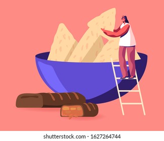 Tiny Female Character Stand on Ladder Taking Cookie from Huge Plate, Chocolate Bar below. People Eating Snack and Fast Food in Cafe, Junk Meal and Unhealthy Nutrition. Cartoon Flat Vector Illustration