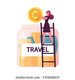 Tiny Female Character Stand on Ladder Put Huge Golden Coin into Glass Jar fro Future Travel. Woman Saving Money fro Summer Vacation or Holidays Sparetime, Trip Budget. Cartoon Vector Illustration