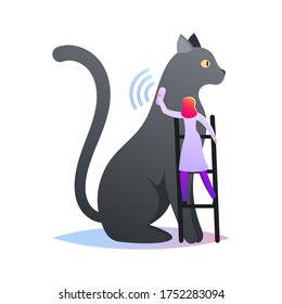 Pequeño personaje femenino de pie en la plataforma Collar con GPS en un enorme gato para controlar la posición y ubicación de los animales domésticos. Cuidado de los propietarios de mascotas, tecnología. Ilustración del vector de dibujos animados