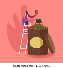 Tiny Female Character Stand on Ladder at Huge Wooden Jar Taking Dry Tea Leaves with Special Spoon and Put them to Paper Package for Retail in Store. Tea Drink Shop. Cartoon Vector Illustration