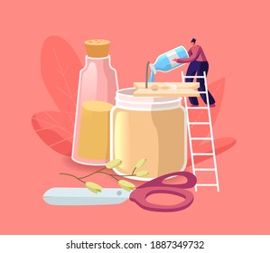 Tiny Female Character Stand on Ladder Add Scented Liquid in Huge Glass Jar with Candle for Aroma Therapy and Relaxation. Home Decoration, Decorative Design Element for Spa. Cartoon Vector Illustration