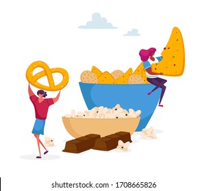 Tiny Female Character Taking Cookies and Pretzel from Huge Plate, Chocolate Bar below. People Eating Snack and Fast Food in Cafe, Junk Meal and Unhealthy Nutrition Concept. Cartoon Vector Illustration