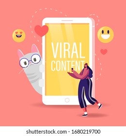 Tiny Female Character Teenager Watching Funny Viral Video Clip on Smartphone Walk near Huge Mobile Phone with Cute Cat Wearing Glasses, Smiles Emoji and Heart Icons around. Cartoon Vector Illustration