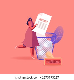 Tiny Female Character Throw Huge Contract Document in Litter Bin with Paper Sheets. Woman with Stamp for Terminated Agreement, Crisis, Bankruptcy or Cancellation Concept. Cartoon Vector Illustration