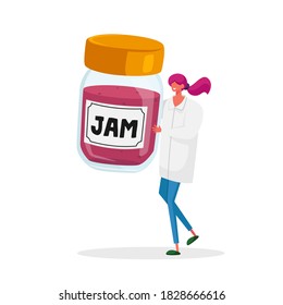 Tiny Female Character in White Medical Robe Hold Huge Glass Jar with Jam. Confectionery Factory Sweet Production, Premium Quality Desserts for Distribution, Retail in Sore. Cartoon Vector Illustration