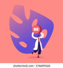 Tiny Female Character In White Robe Carry Word No Above Head. Polygraph, Lie Detector Examination Concept. Woman Pass Job Interview With Employer Or Police Interrogation. Cartoon Vector Illustration