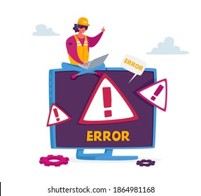 Pequeña Personaje Femenino en la sentada de uniforme de trabajo en el enorme monitor de Pc con advertencia de error del sistema en pantalla. Ayuda técnica profesional, sitio en construcción, servicio de atención al cliente. Ilustración del vector de dibujos animados