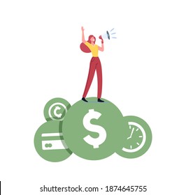 Pequeño personaje femenino gritando en altavoz sus valores dinero, libertad financiera, tiempo aislado en fondo blanco. Equilibrio en el trabajo, Concepto de igualdad de valores. Ilustración del vector de dibujos animados