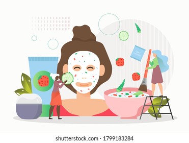 Tiny female characters beauticians applying diy natural cucumber fruit aloe vera mask on woman face, vector flat illustration. Cosmetology, cosmetic facial treatment, beauty facial procedure.