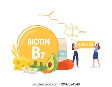 Tiny Female Characters with Biotin Formula. Women Applying Vitamin B7 for Good Mood, Health and Diet. Pharmaceutical Collagen and Food Contain Natural Ingredients. Cartoon People Vector Illustration