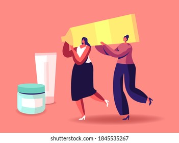 Pequeñas Personajes Femeninos Llevan Enorme Tubo De Cosméticos. Las mujeres pasan tiempo en un salón de belleza, probando productos de cuidado de la piel en un salón de belleza. Clase Masterclass estética, atención facial. Ilustración de vectores de personas de caricatura