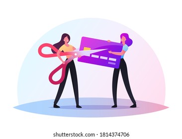 Tiny Female Characters Cutting Expired Credit Card with Huge Scissors. Irrelevant Banking Data Deletion, Bankruptcy Financial Information Validation Expiration. Cartoon People Vector Illustration