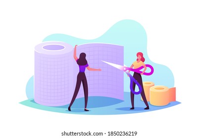 Tiny Female Characters Cutting Medical Bandage With Huge Scissors For Bandaging Broken Hand Or Leg. First Aid, Medic Assistance, Emergency Help, Nurse Profession. Cartoon People Vector Illustration