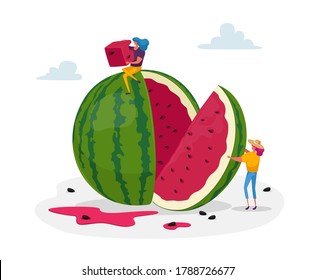 Tiny Female Characters Enjoying Refreshing of Huge Ripe Watermelon. Women Have Fun, Slicing and Eating Melon. Fruits Season, People Relaxing on Picnic. Summer Time Food. Cartoon Vector Illustration
