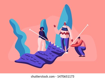 Tiny Female Characters Handcraft Hobby Concept. Girls with Huge Knitting Needles Knit Warm Clothes for Cold Winter Time. Women Enjoying Knitwork Hobby and Leisure Fun. Cartoon Flat Vector Illustration