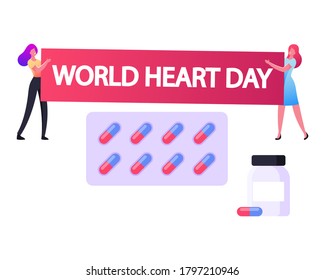 Tiny Female Characters Holding Huge Red Banner with World Heart day Typography and Tablets around. Cardiology Disease Prevention, Awareness and Treatment Concept. Cartoon People Vector Illustration