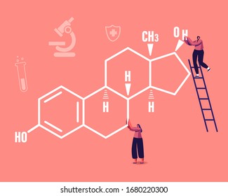 Tiny Female Characters at Huge Estrogen Formula with Medical Icons around. Woman Health, Gynecology Medicine Check Up, Progesterone and Estradiol Hormonal Therapy. Cartoon People Vector Illustration