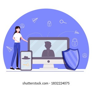 Tiny  Female Characters at Huge Laptop and Tablet Pc Digital Devices with Anonymous Unrecognizable Profile. Internet Privacy, Information Private Protection. Cartoon People Vector Illustration