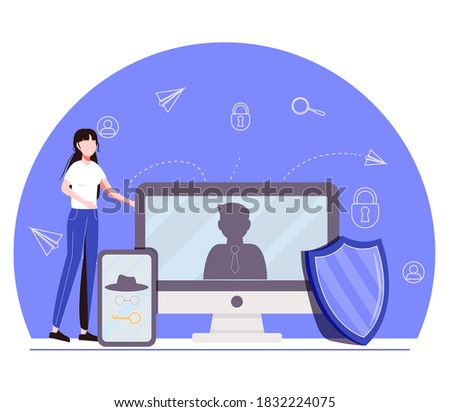 Tiny  Female Characters at Huge Laptop and Tablet Pc Digital Devices with Anonymous Unrecognizable Profile. Internet Privacy, Information Private Protection. Cartoon People Vector Illustration