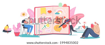 Tiny Female Characters at Huge Pink Diary. Girls Writing Memoirs into Cute Notebook with Stickers. Teenagers Sitting on Floor, Couch or Desk Put Notes in Notepads. Cartoon People Vector Illustration