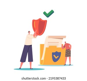 Tiny Female Characters with Huge Red Shield and Protected Folder with Files. Women Protect Information Internet Profile or Account, Security, Privacy in Cyber Space. Cartoon People Vector Illustration