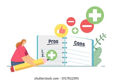 Tiny Female Characters with Huge Thumb Up or Down Icons Make Decision at Notebook with Pros or Cons List in Separated Column, Women Count Advantages or Disadvantages. Cartoon Vector Illustration