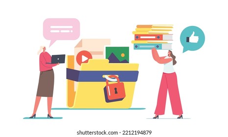 Tiny Female Characters with Laptop and Folders Stack at Huge Protected Folder with Files, Photo and Video Media Content. Women Protect Information, Secure Archive. Cartoon People Vector Illustration