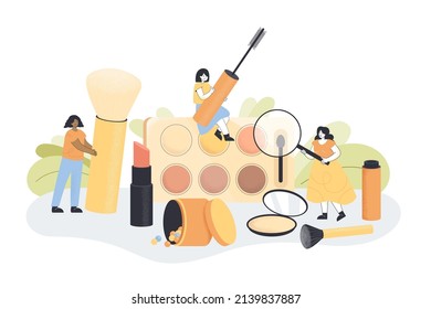 Tiny female characters with makeup in beautician workshop. Cartoon women testing skincare products, makeup school, courses, skin treatment in salon flat vector illustration. Beauty, cosmetics concept