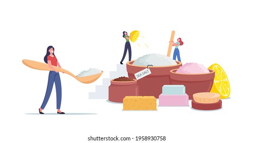 Tiny Female Characters Making Beauty Product of Sea Salt, Lemon Juice and Aroma Oils for Applying Peeling Massage or Salt Scrub in Spa Salon or Home Hygiene. Cartoon People Vector Illustration