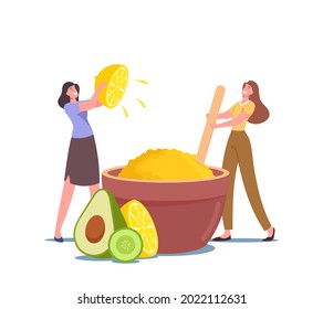 Tiny Female Characters Making Beauty Product in Huge Bowl for Skin Whitening of Lemon Juice, Avocado and Aroma Oils for Applying Spa Salon or Home Hygiene Procedure. Cartoon People Vector Illustration