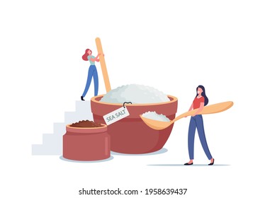 Tiny Female Characters Making Natural Beauty Product of Sea Salt for Applying Peeling Massage or Salt Scrub in Spa Salon or Home, Remedy for Hygiene Procedure. Cartoon People Vector Illustration