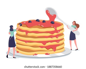 Tiny Female Characters Pouring Huge Stack of Fresh Hot Pancakes with Sweet Syrup and Decorate with Fresh Berries. Breakfast, Morning Food, Culinary Hobby Concept. Cartoon People Vector Illustration