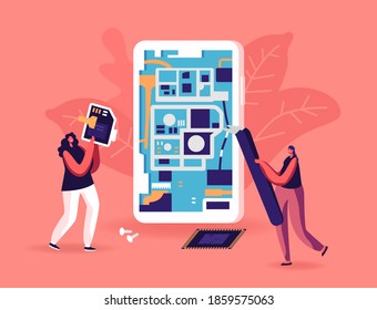 Tiny Female Characters Repair Huge Smartphone Put Secure Digital Memory Card into Cellphone. Technologies and Digital Devices Maintenance Service. People Fix Mobile Phone. Cartoon Vector Illustration